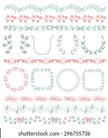 Collection of Colorful Seamless Hand Sketched Artistic Rustic  Decorative Doodle Vintage Borders and Frames, Branches and Brackets. Design Elements. Hand Drawn Vector Illustration. Pattern Brashes