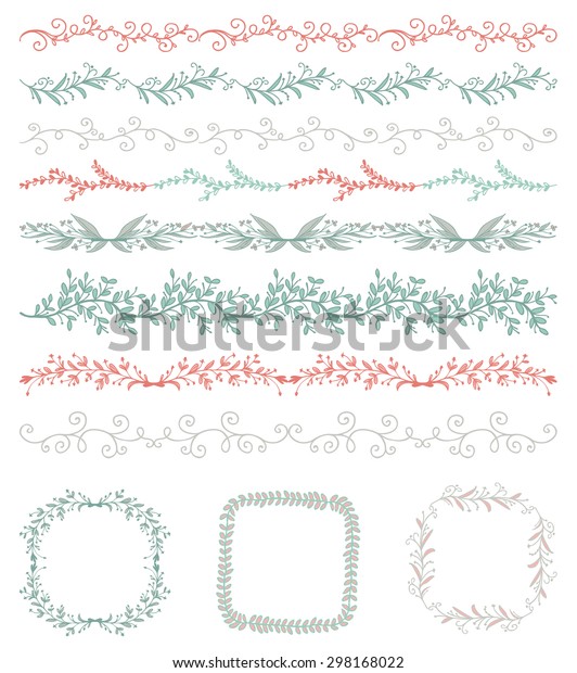 Collection of Colorful Seamless Hand Sketched\
Artistic Rustic  Decorative Doodle Vintage Borders and Frames,\
Branches and Brackets. Design Elements. Hand Drawn Vector\
Illustration. Pattern\
Brashes
