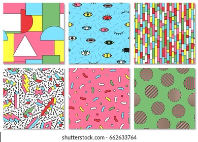 Collection of colorful seamless memphis pattern. Retro fashion style 80-90s. Good for children design.