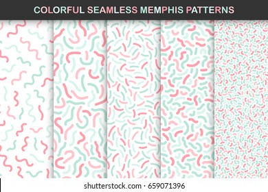 Collection of colorful seamless memphis patterns. Mosaic delicate design - fashion 80 - 90s. You can find seamless backgrounds in swatches panel.