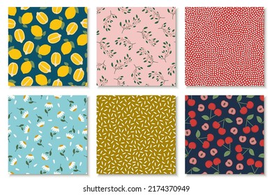 Collection of colorful seamless nature patterns - hand drawn design. Repeatable summer backgrounds with fruits and flowers. Textile endless prints. Vector illustration