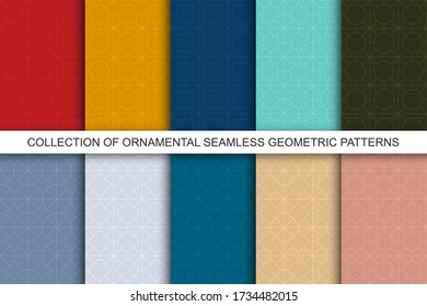 Sammlung von farbenfrohen, nahtlosen Ziermustern. geometrisch orientalisch minimalistischer Hintergrund. Symmetrische Gitterstruktur.