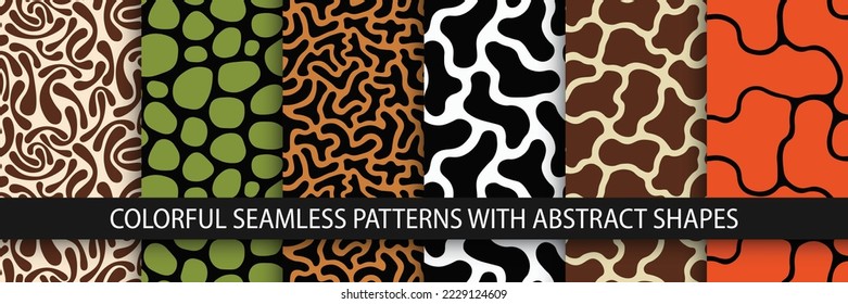 Collection of colorful seamless patterns with abstract shapes. Creative vector backgrounds. Drawing trendy textures.