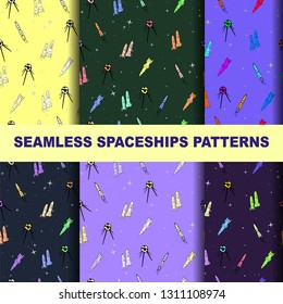 Collection of colorful seamless spaceships and rockets patterns. Set for cards, wrapping, banners.