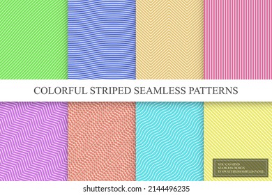 Collection of colorful seamless striped patterns. Bright fashion linear textures. You can find repeatable backgrounds in swatches panel.