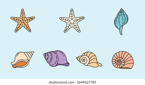 A collection of colorful seashells and starfish illustrations perfect for summer beach designs and coastal themes