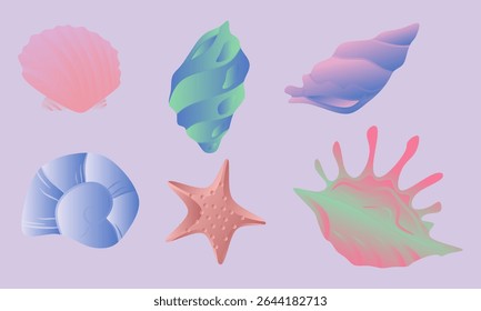 Collection of colorful seashells and starfish. Vector illustration.