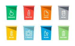 Collection Of Colorful Separation Recycle Bin Icon.Organic,batteries,metal,plastic,paper,glass,waste,light Bulb,aluminium,food,can,bottle.Bin Vector,recycle Bin.Vector Illustration. Isolated On White