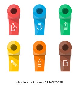 Collection of colorful separation recycle bin icon.Organic,batteries,metal,plastic,paper,glass,waste,light bulb,aluminium,food,can,bottle.Bin vector,recycle bin.Vector illustration