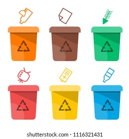 Collection of colorful separation recycle bin icon.Organic,batteries,metal,plastic,paper,glass,waste,light bulb,aluminium,food,can,bottle.Bin vector,recycle bin.Vector illustration
