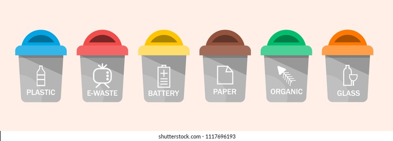 Collection of colorful separation recycle bin icon. Organic, batteries, metal, plastic, paper, glass, waste, light bulb, aluminium, food, can, bottle. Bin vector, recycle bin. Vector illustration
