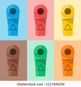Collection of colorful separation recycle bin icon. Organic, batteries, metal, plastic, paper, glass, waste, light bulb, aluminium, food, can, bottle. Bin vector, recycle bin. Vector illustration

