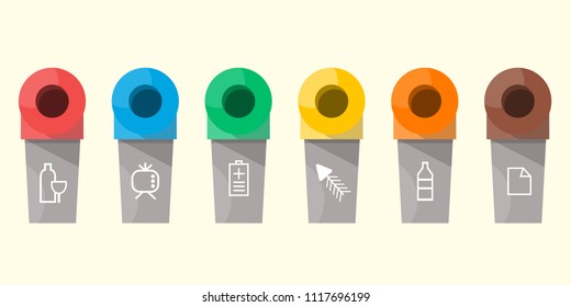 Collection of colorful separation recycle bin icon. Organic, batteries, metal, plastic, paper, glass, waste, light bulb, aluminium, food, can, bottle. Bin vector, recycle bin.Vector illustration
