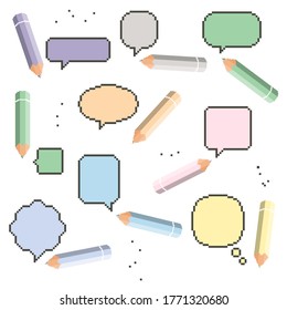 Collection of colorful set speech bubbles and dialog balloons with pencil. Pixel art. 8 bit.