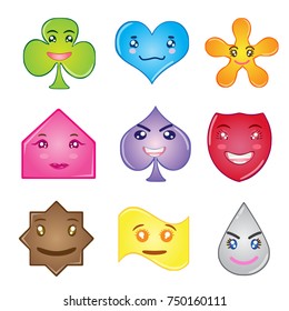 Collection Colorful Shapes Flat Design Set Geometric for kids. Vector assets for web or game design. Decorative GUI elements, Cartoon colorful glossy button set, isolated on white background.