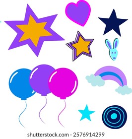 A collection of colorful shapes and symbols including stars, balloons, and a heart. A rabbit is also present in the image