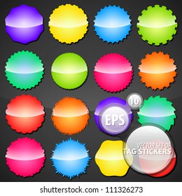 Collection of colorful shimmer glossy eps10 round vector stickers in 16 different shape variations
