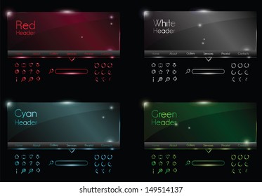 Collection of colorful shiny neon website headers and elements. Red, blue, green and white light. EPS10, transparent elements