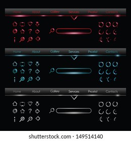 Collection of colorful shiny neon website elements. Red, blue, and white light. EPS10, transparent elements