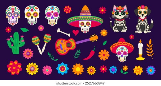 A collection of colorful skulls, flowers, and other decorations, including a guitar and a skeleton cat