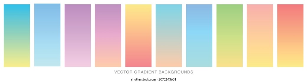 Collection of colorful smooth gradient background for graphic design. Soft color modern screen vector design for mobile app. Blue, green, turquoise, bright, red, yellow, abstract. EPS 10.