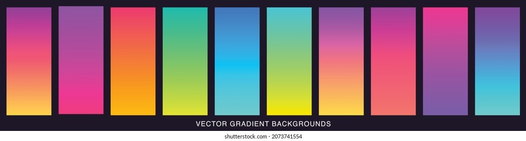Collection of colorful smooth gradient background for graphic design. Soft color modern screen vector design for mobile app. Blue, green, turquoise, bright, red, yellow, abstract. EPS 10.