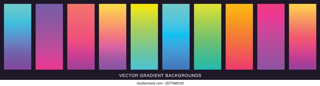 Collection of colorful smooth gradient background for graphic design. Soft color modern screen vector design for mobile app. Blue, green, turquoise, bright, red, yellow, abstract. EPS 10.