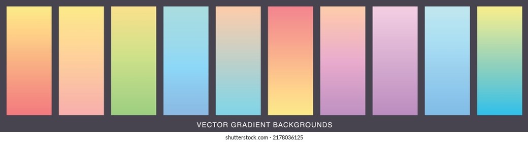 Collection of colorful smooth gradient background for graphic design. Soft color modern screen vector design for mobile app. Blue, green, turquoise, bright, red, yellow, abstract. EPS 10.