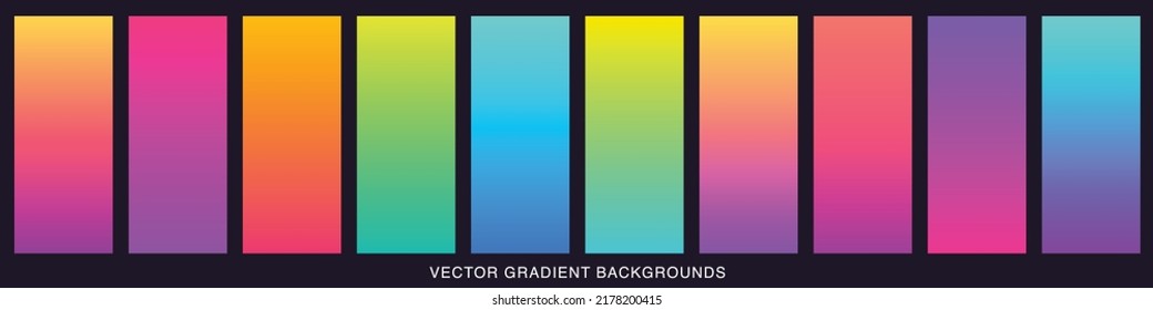 Collection of colorful smooth gradient background for graphic design. Soft color modern screen vector design for mobile app. Blue, green, turquoise, bright, red, yellow, abstract. EPS 10.