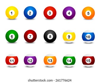 Collection of colorful snooker balls clip art isolated on white background