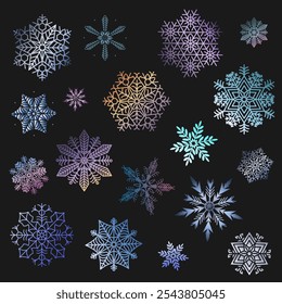 Colección de copos de nieve coloridos. colección de Vector de copos de nieve multicolores brillantes sobre un fondo oscuro.
