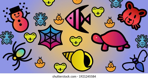Collection of the colorful snowman, bee, turtle, spiral shell, fish, chick, koala, and mosquito icon vector illustration. Animal patterns for children can be used for backgrounds, banners, posters.