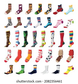 Collection of colorful socks with different prints.