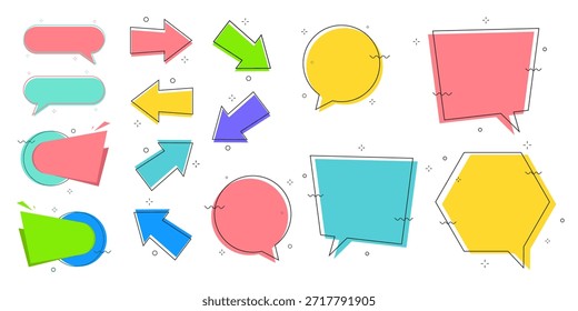 Coleção de bolhas de fala coloridas, setas e banners geométricos com contornos pretos. Elementos de design plano modernos para comunicação, marketing e projetos de interface do usuário.
