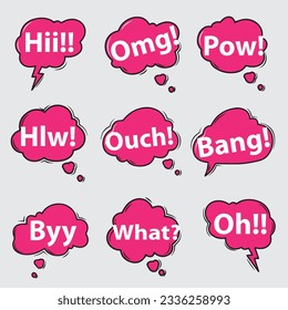 Collection of colorful speech bubbles and dialog balloons with different words, phrases, comments, shapes.