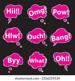 Collection of colorful speech bubbles and dialog balloons with different words, phrases, comments, shapes.