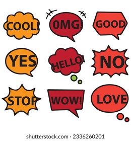 Collection of colorful speech bubbles and dialog balloons with different words, phrases, comments, shapes.