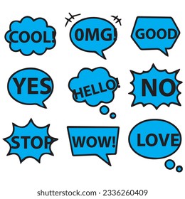 Collection of colorful speech bubbles and dialog balloons with different words, phrases, comments, shapes.
