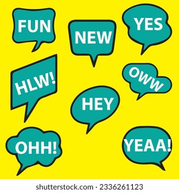 Collection of colorful speech bubbles and dialog balloons with different words, phrases, comments, shapes.