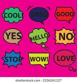 Collection of colorful speech bubbles and dialog balloons with different words, phrases, comments, shapes.