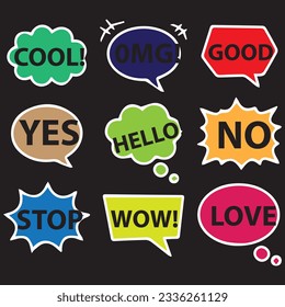 Collection of colorful speech bubbles and dialog balloons with different words, phrases, comments, shapes.
