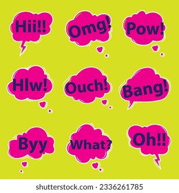 Collection of colorful speech bubbles and dialog balloons with different words, phrases, comments, shapes.