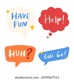 Collection of colorful speech bubbles with different expressions and exclamations, perfect for communication or cartoon style.