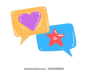 A collection of colorful speech bubbles, each containing different icons such as hearts and stars