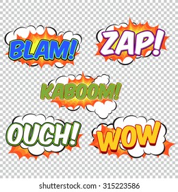 Collection colorful speech bubbles and explosions in pop art style. Elements of design comic books. Blam, zap, kaboom, ouch, wow from different comic fonts. 