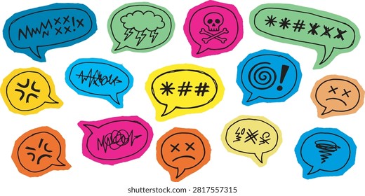 A collection of colorful speech bubbles filled with various symbols representing anger, frustration, and expletives. The doodles include angry faces, lightning, skulls, and censored text.