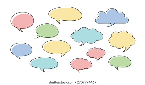 Collection of colorful speech bubbles and thought clouds with a simple line art and pastel fill style on white background.