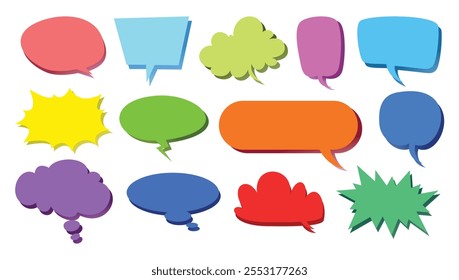 Collection of colorful speech bubbles in various shapes. Blank empty speak bubble text, message box, chatting box. Vector cartoon illustration