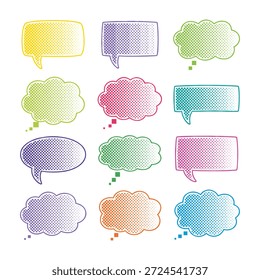 Colección de colorido discurso y burbujas de pensamiento en estilo de cómic, lleno de puntos de medio tono. Ilustración vectorial versátil para el diálogo, la comunicación y los Elementos de diseño creativos.