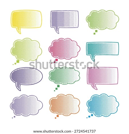 Collection of colorful speech and thought bubbles in comic book style, filled with halftone dots. Versatile vector illustration for dialogue, communication, and creative design elements.